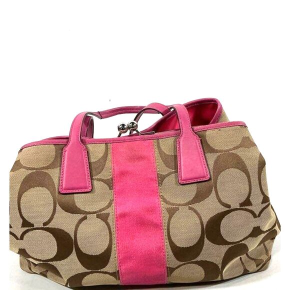 Coach Khaki and Pink Signature Jacquard Kiss-lock 3 Way Entry Shoulder Bag Purse - Picture 4 of 9
